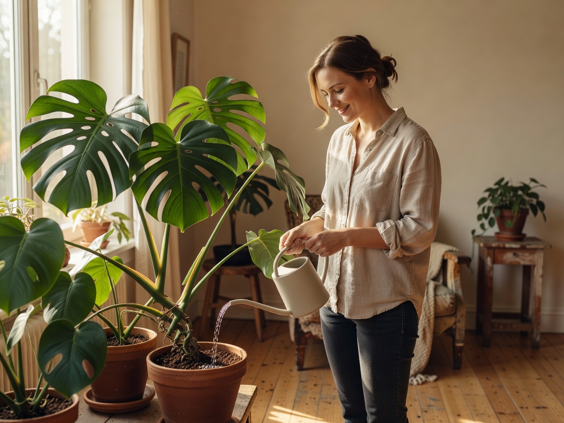 Woman watering a large monstera plant in a sunlit living room