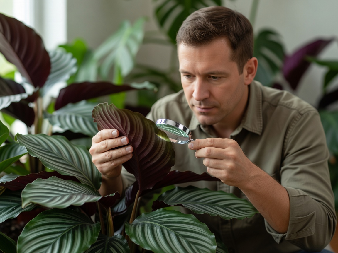 Man carefully inspecting the undersides of a calathea leaf