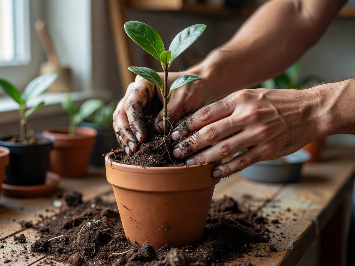 Hands pressing fresh soil around the base of a small houseplant