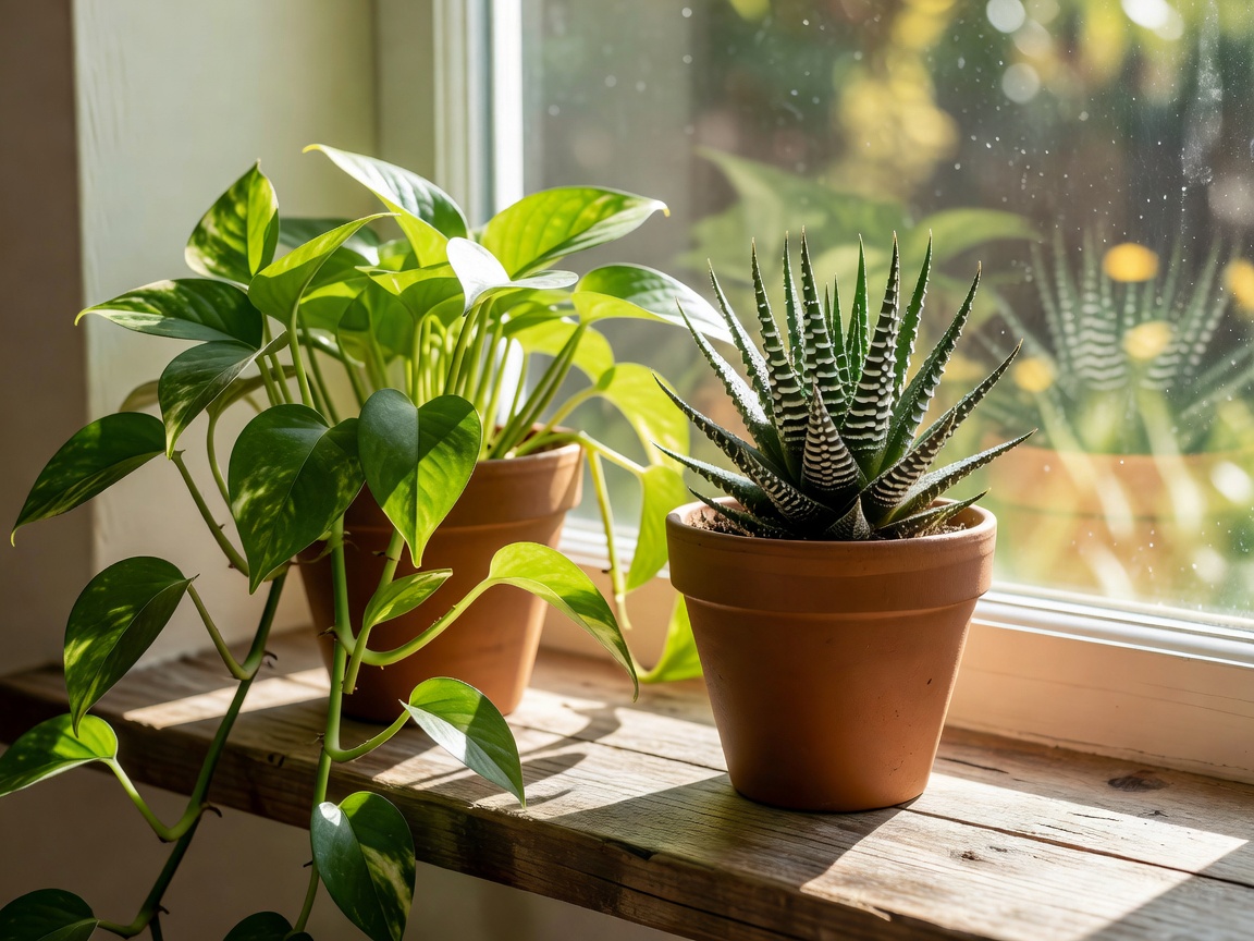 Two different houseplants sitting side by side on a sunny windowsill
