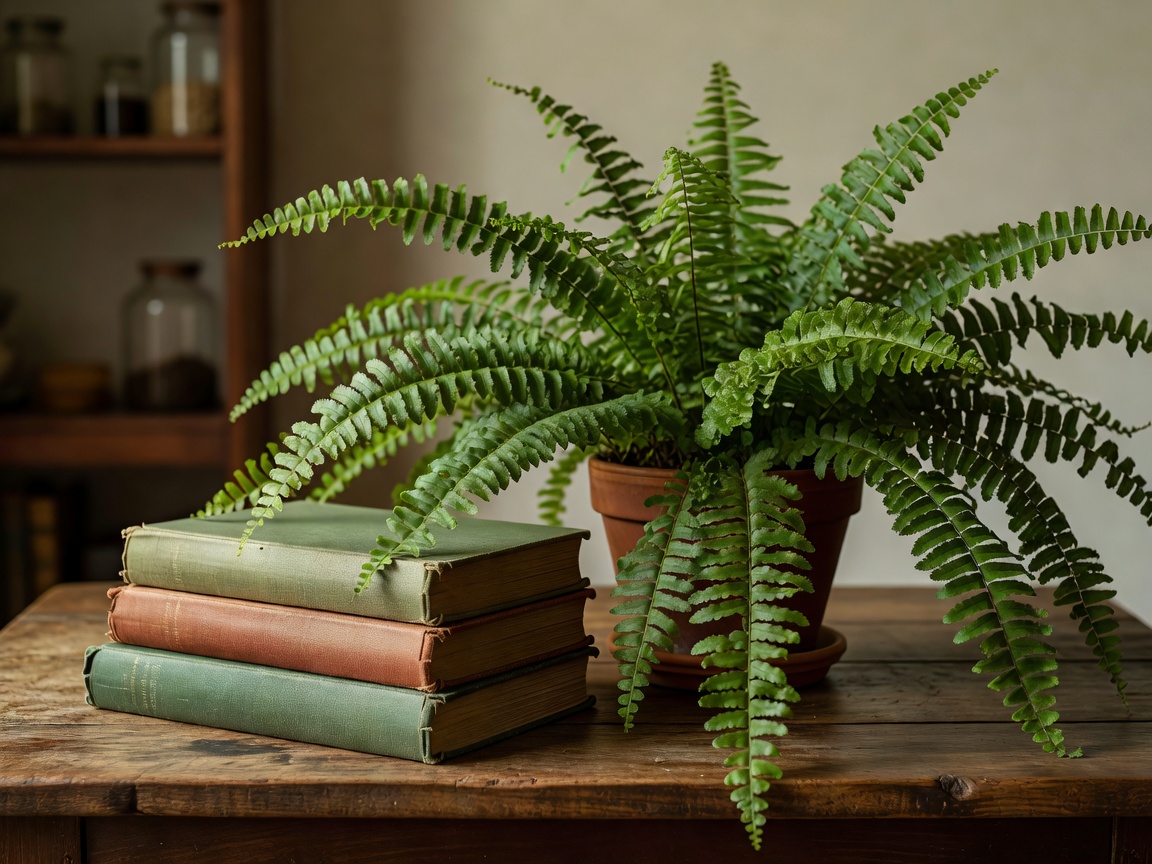 Stack of vintage botanical illustration books beside a fern